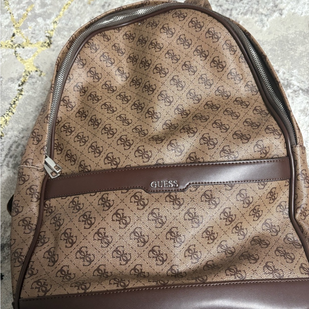 Guess Brown Monogram Backpack with Leather Trim